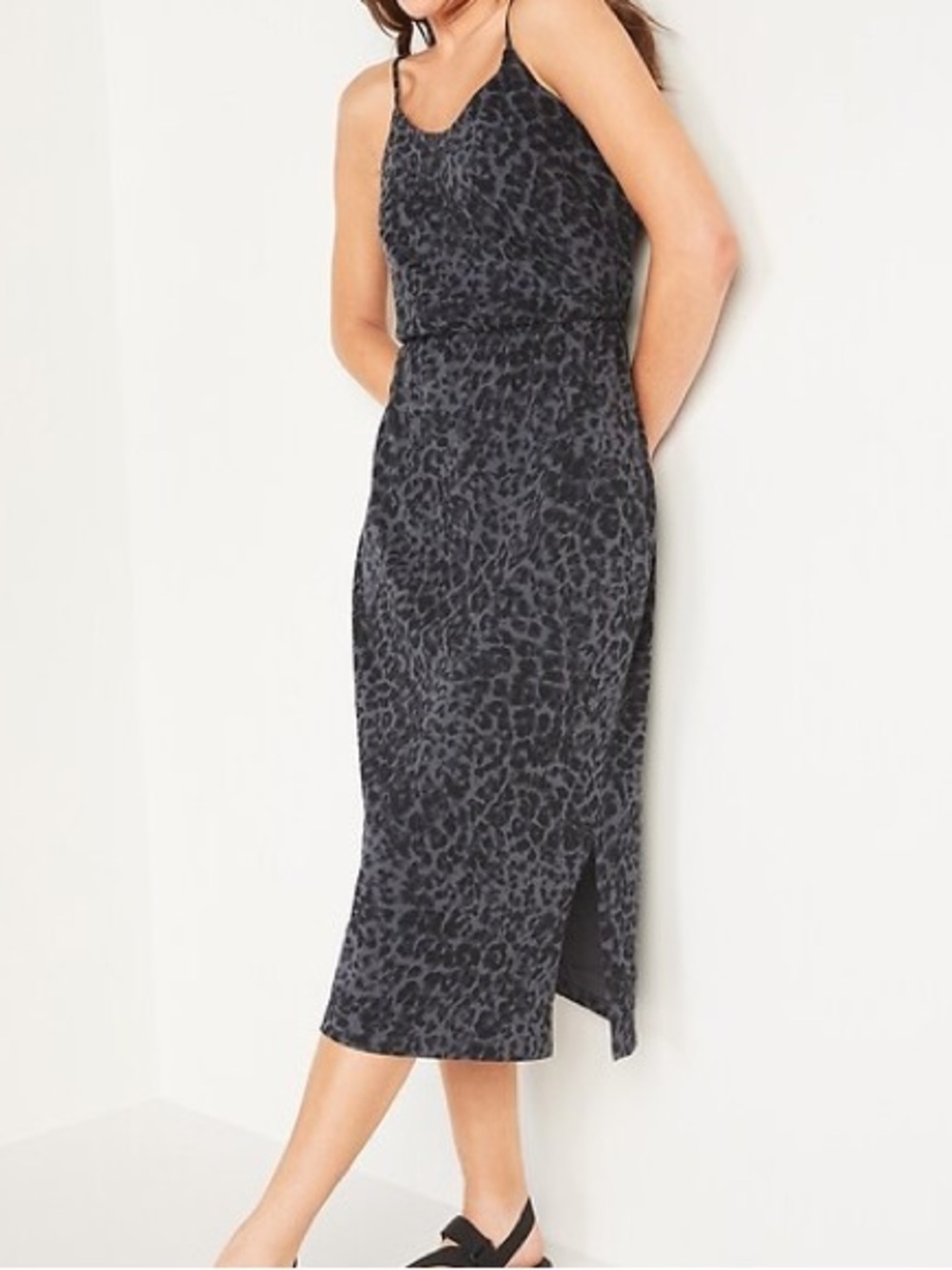 Old Navy Waist-Defined Leopard-Print Slub-Knit Midi Cami Dress